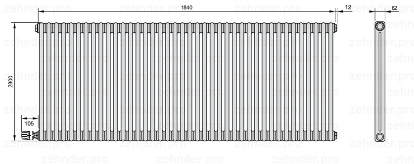 Схема (чертеж) Радиатор Zehnder Charleston 2280/40 №V003 Белый глянцевый RAL 9016
